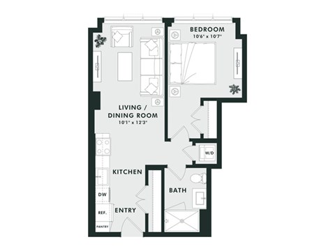 Floor plan for 1 bed, 1 bath, 565 sqft